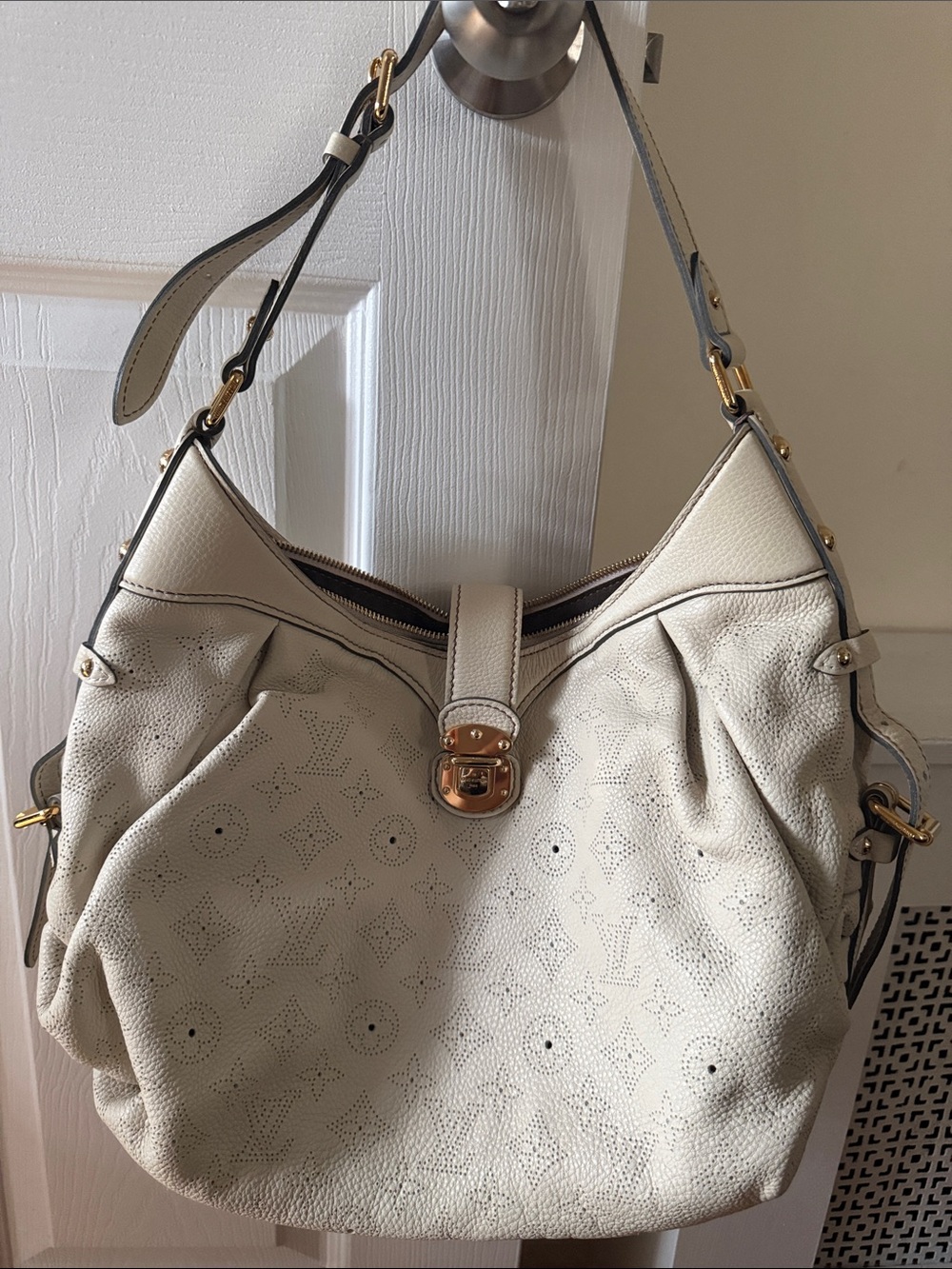 Louis Vuitton Cream Perforated Leather Shoulder Bag with Gold Hardware